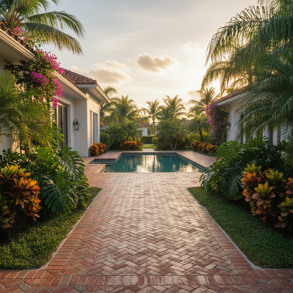 Expertly restored red brick paver walkway after a professional maintenance service in Naples, FL.