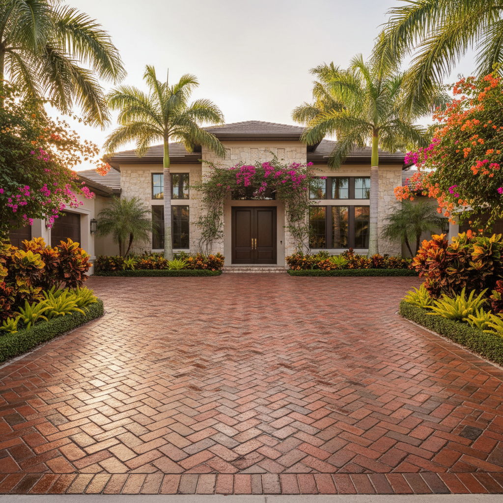 A beautifully maintained and sealed brick paver driveway in Bonita Springs, showcasing professional paver maintenance results.