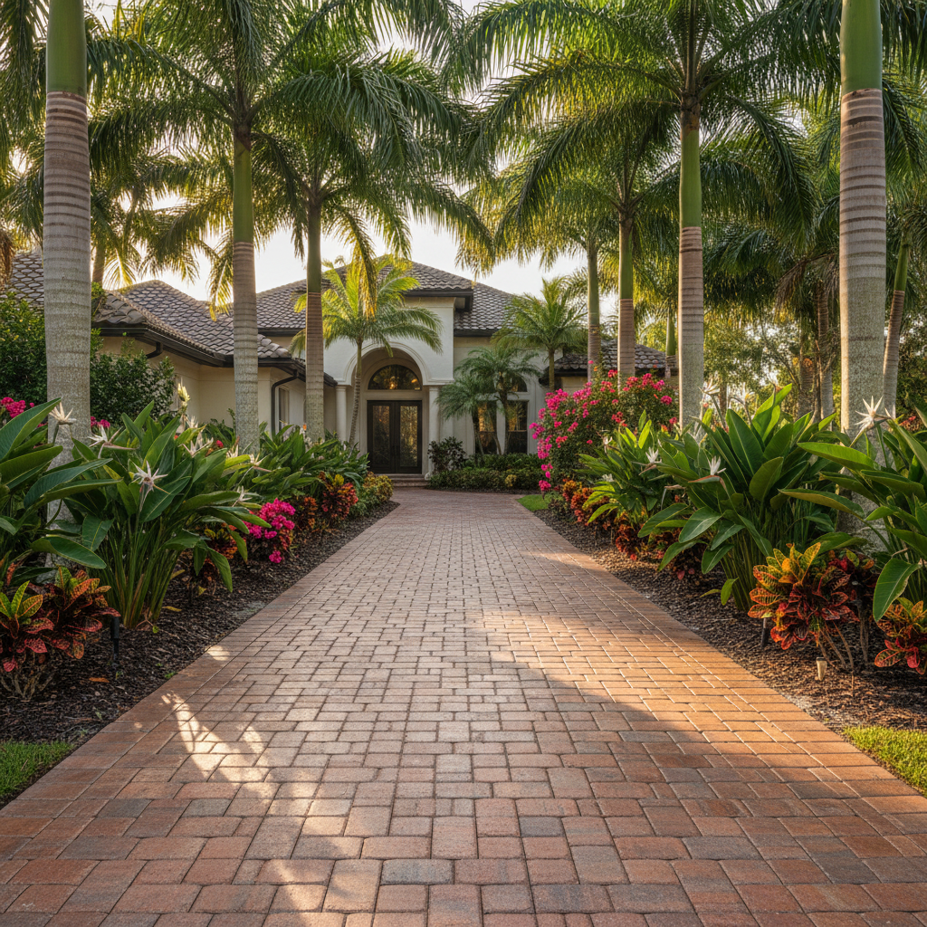 A professionally maintained brick paver walkway in a lush, tropical Bonita Springs, FL setting.