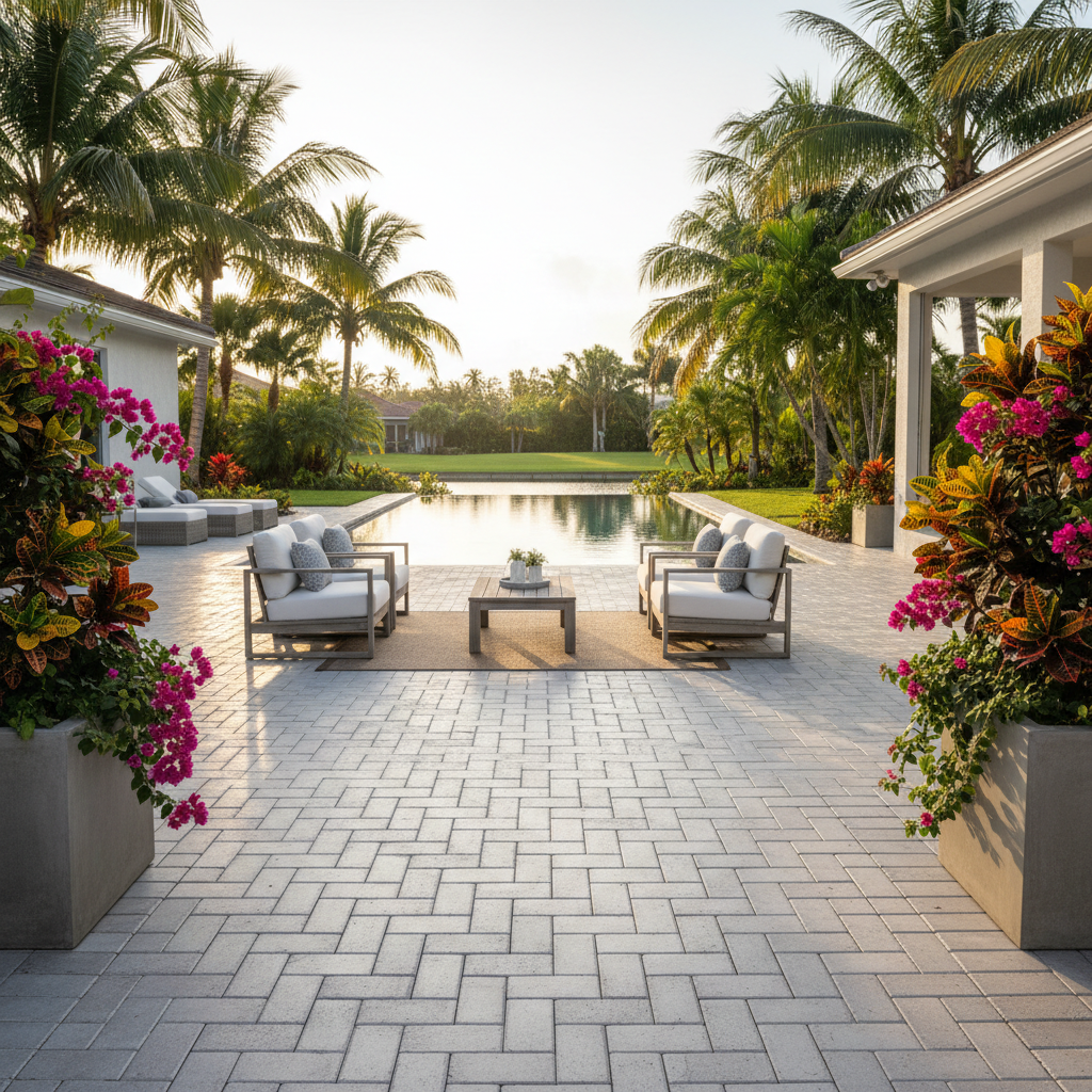 Impeccably maintained and sealed brick paver lanai in a luxury Bonita Springs home.