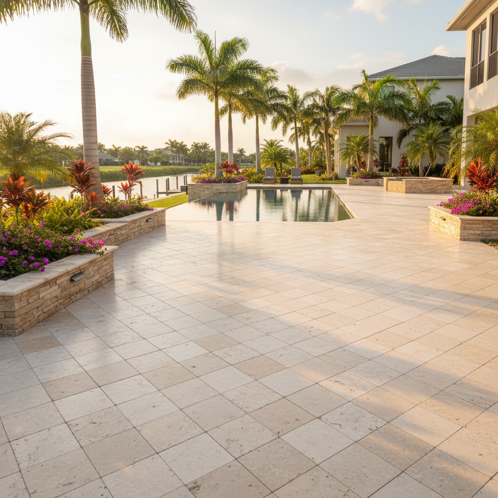 Immaculate brick paver pool deck after professional maintenance at a luxury home in Cape Coral, FL.