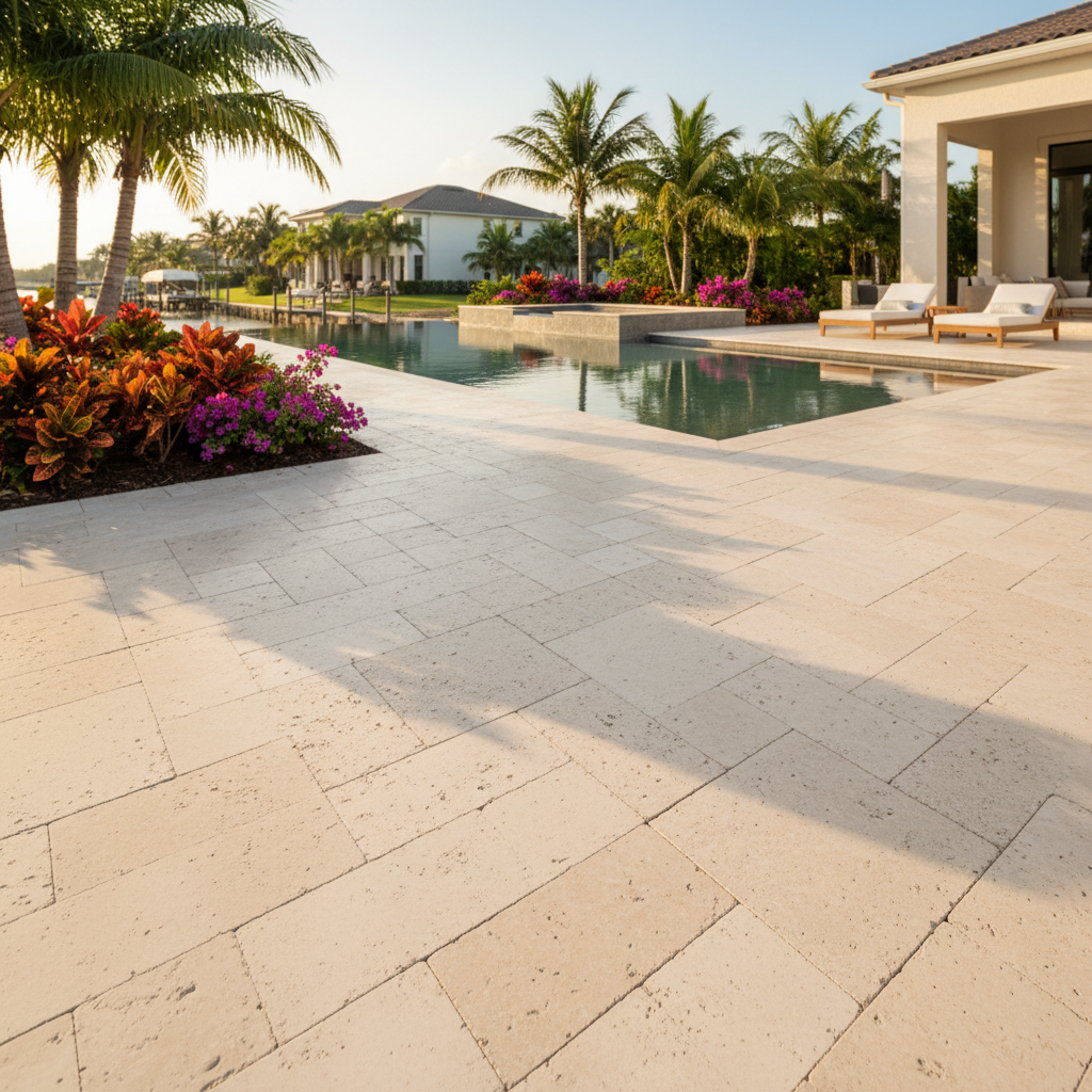 A pristine, newly maintained brick paver pool deck in a luxury Cape Coral home, showcasing the results of professional paver maintenance.