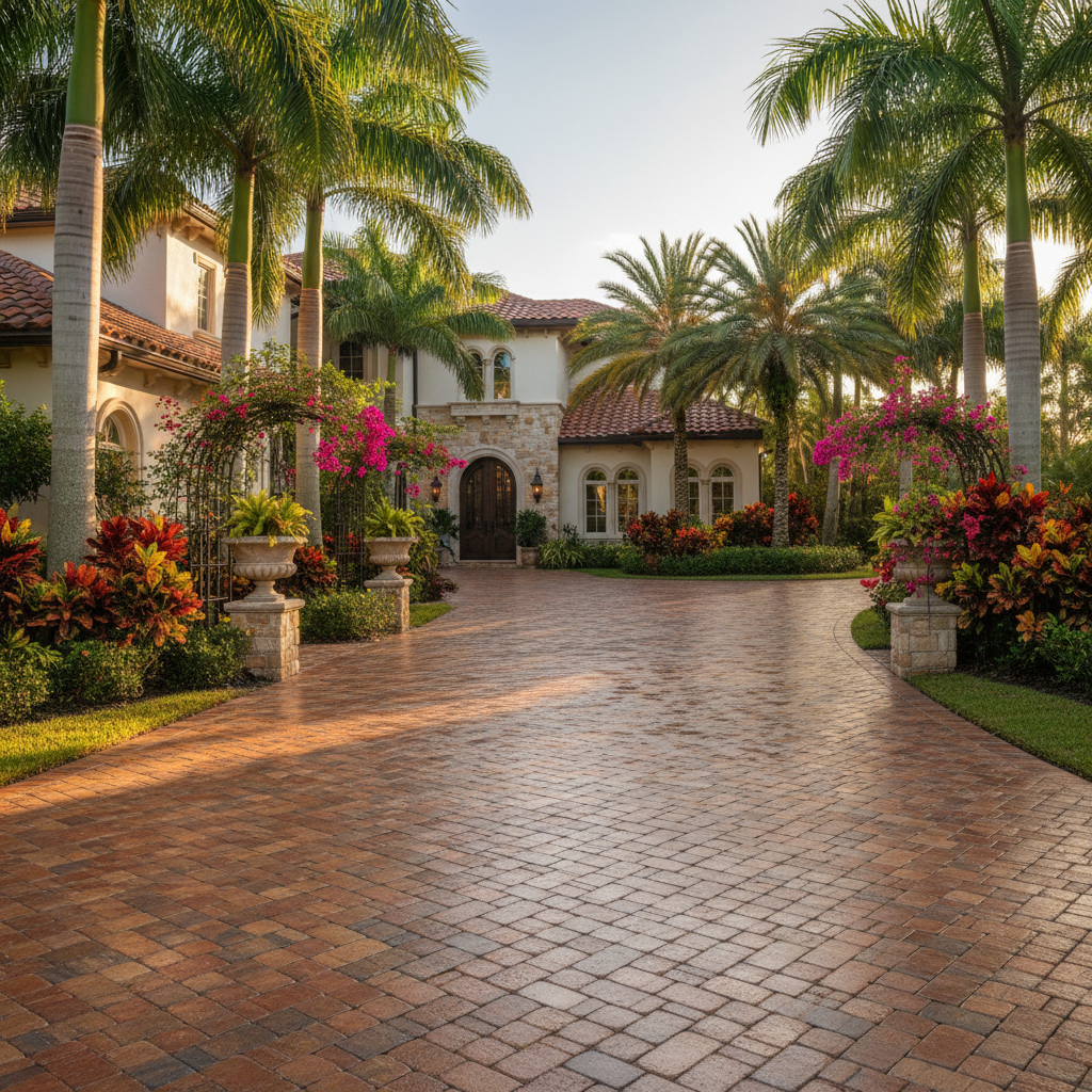 A perfectly maintained brick paver driveway in Estero, FL, showcasing professional brick paver maintenance.