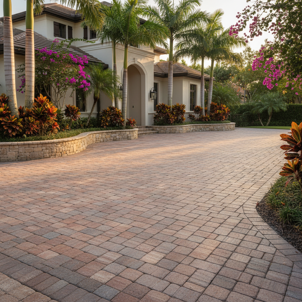 Pristine brick paver maintenance on a driveway of a luxury home in Fort Myers, FL.