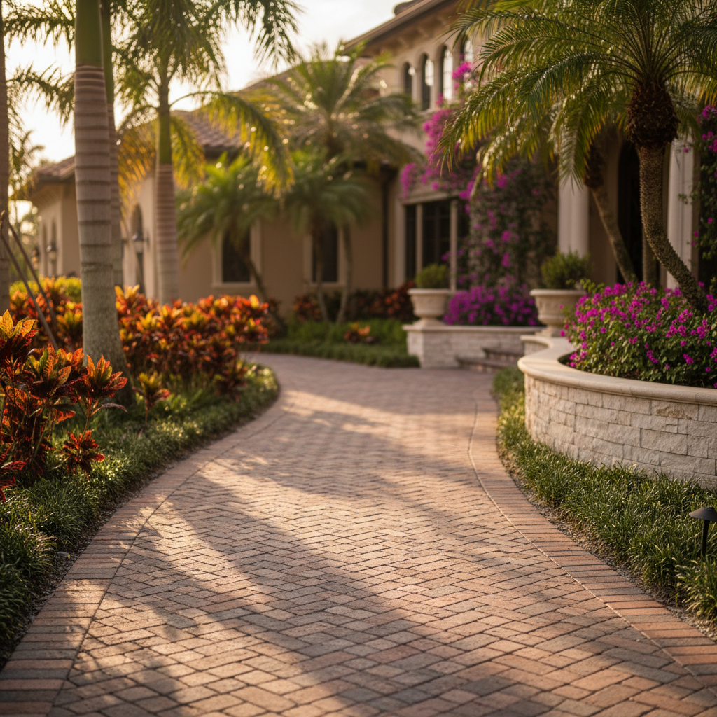 Pristine brick paver walkway after professional paver maintenance in a Lehigh Acres, Florida residence.