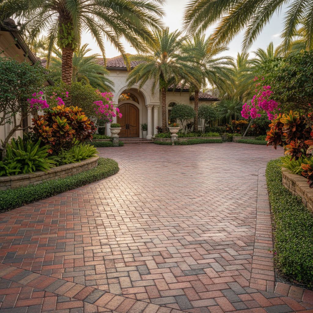 A perfectly maintained and sealed brick paver driveway in Naples, FL.