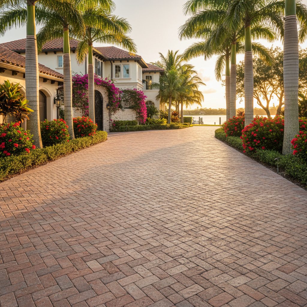 Professionally restored brick paver driveway in a luxury Punta Gorda, FL, residence.