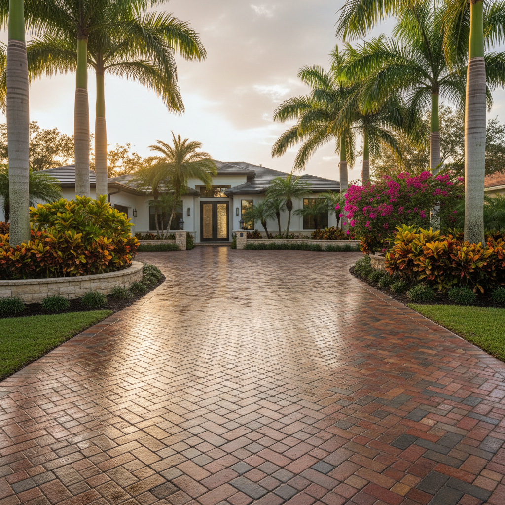 A beautifully restored and sealed brick paver driveway after professional maintenance in Punta Gorda, FL.
