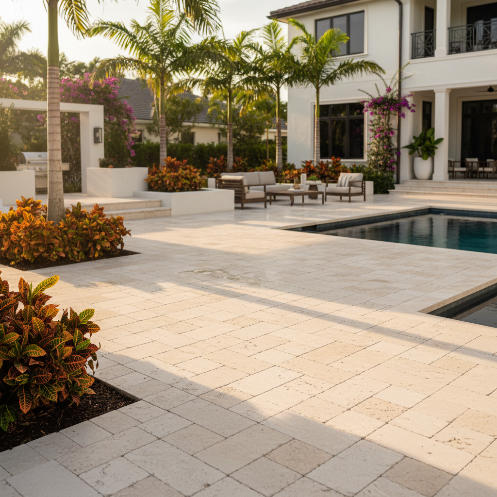 A freshly cleaned and sealed travertine pool deck in Cape Coral, FL, showcasing the results of professional paver cleaning.