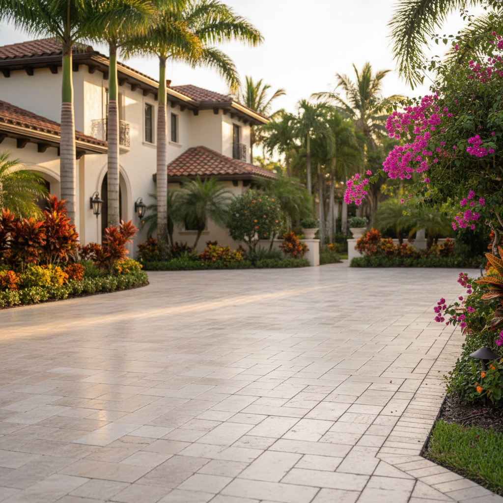 A perfectly sealed luxury paver driveway in Bonita Springs, FL, showcasing the results of professional driveway sealing.