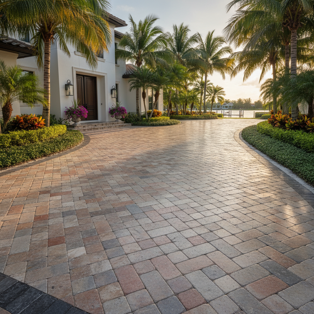 A professionally sealed luxury paver driveway in Cape Coral, FL, showcasing the results of expert driveway sealing.