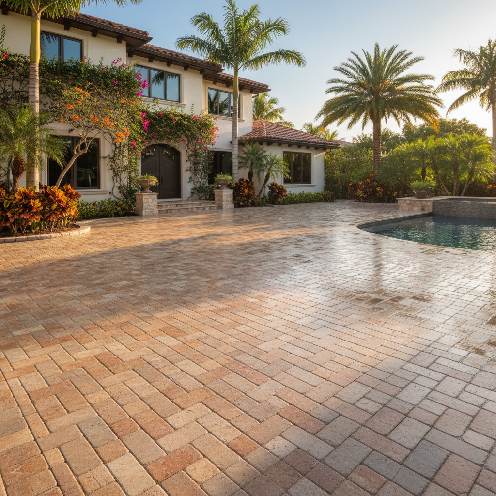 A freshly sealed luxury paver driveway in Estero, Florida, showcasing the results of a professional driveway sealing service.