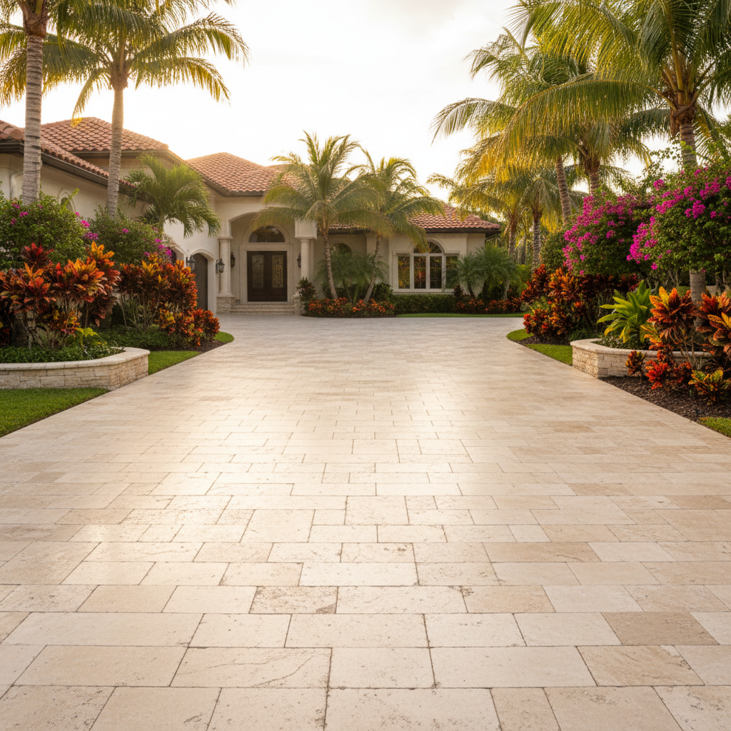 A freshly sealed travertine paver driveway in Fort Myers, FL, after a professional driveway sealing service.