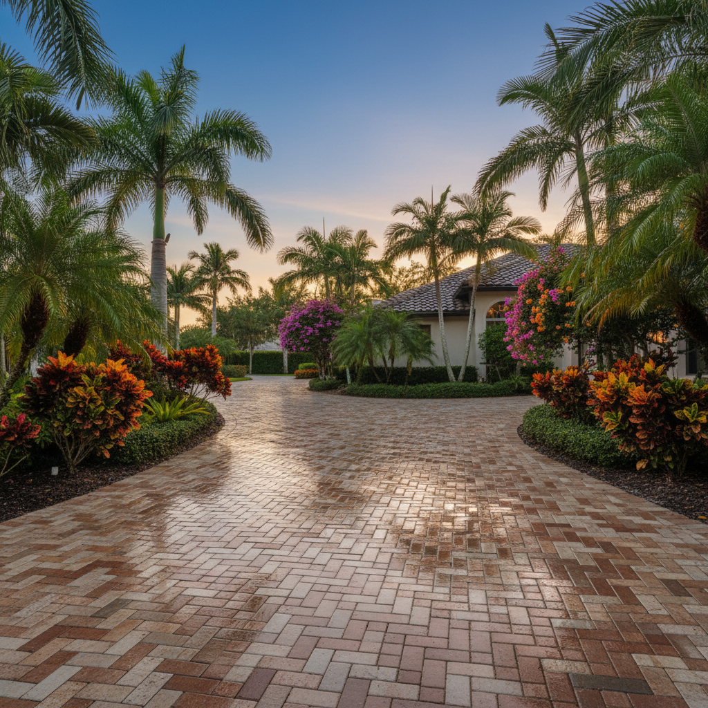 A freshly sealed luxury paver driveway in Lehigh Acres, FL, showcasing the results of professional driveway sealing.