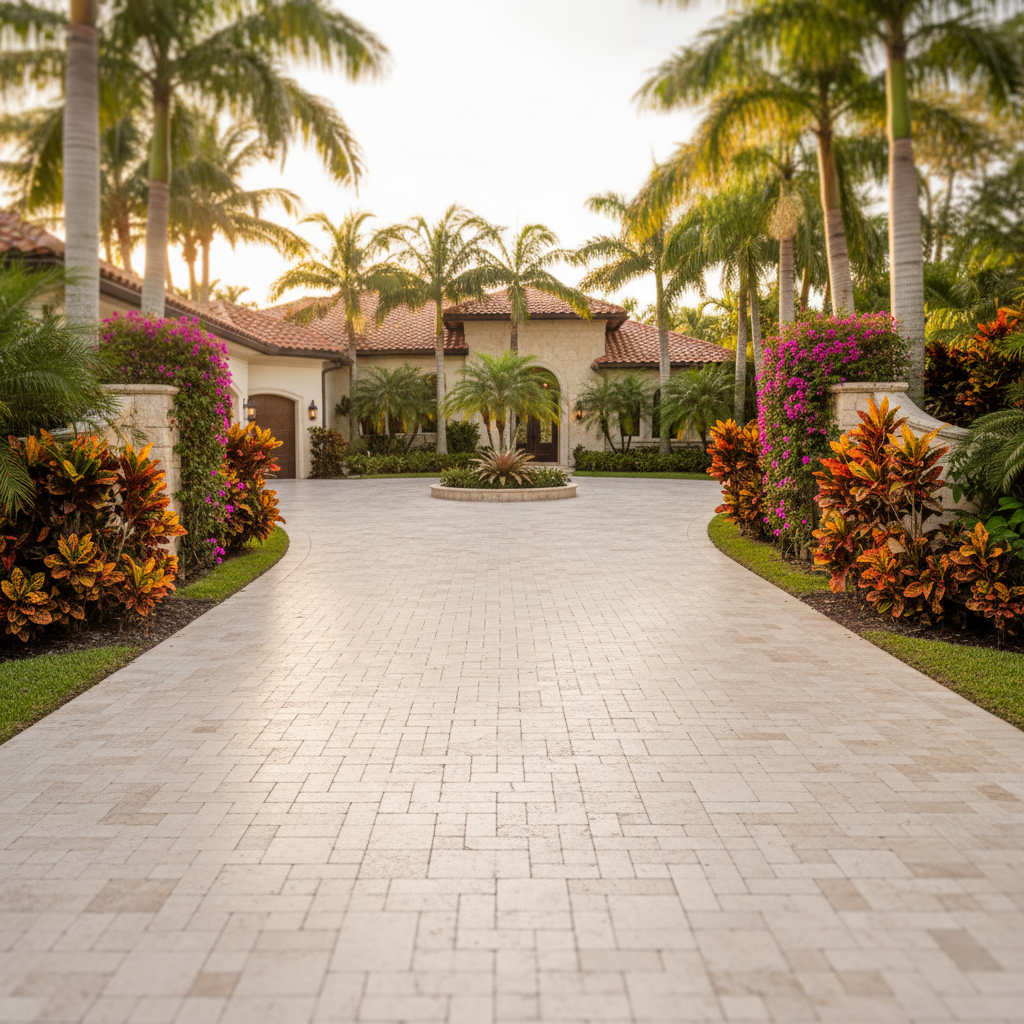 A freshly sealed, elegant paver driveway at a luxury residence in Lehigh Acres, following a professional driveway sealing service.