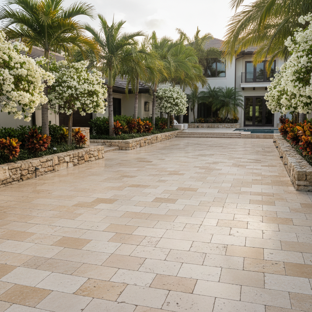 A professionally sealed luxury paver driveway in Marco Island, FL, showcasing a flawless, protective finish.