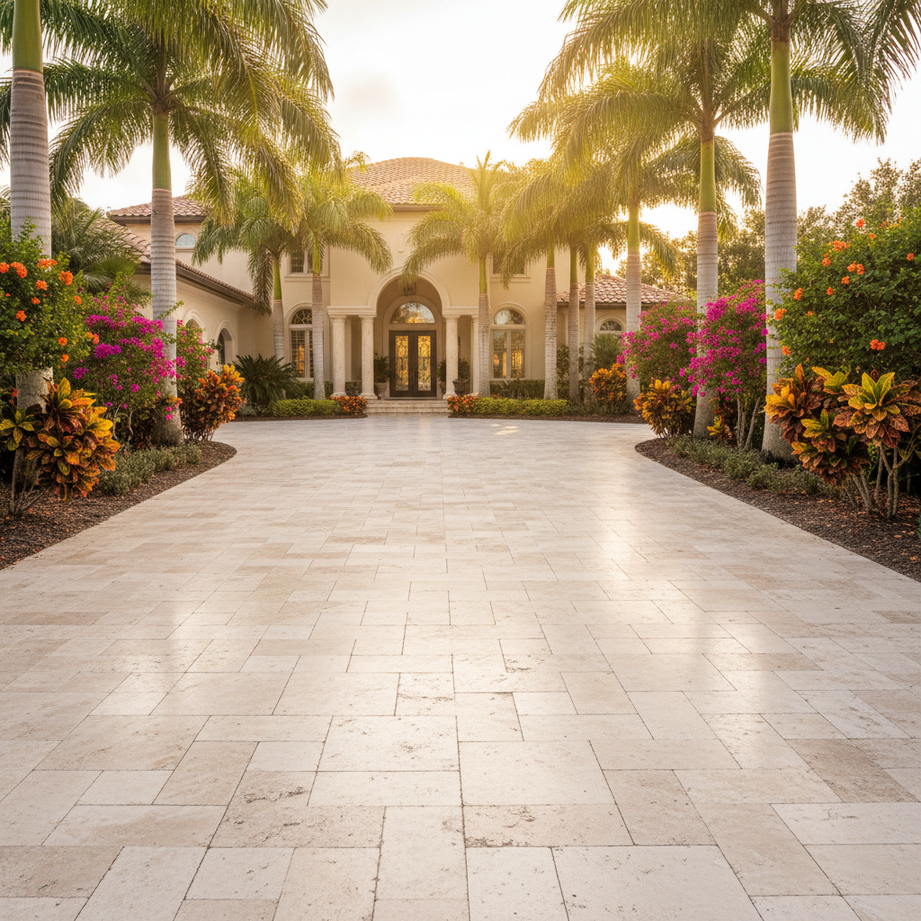 A professionally sealed luxury travertine paver driveway in Naples, Florida, with pristine joint lines and vibrant color.