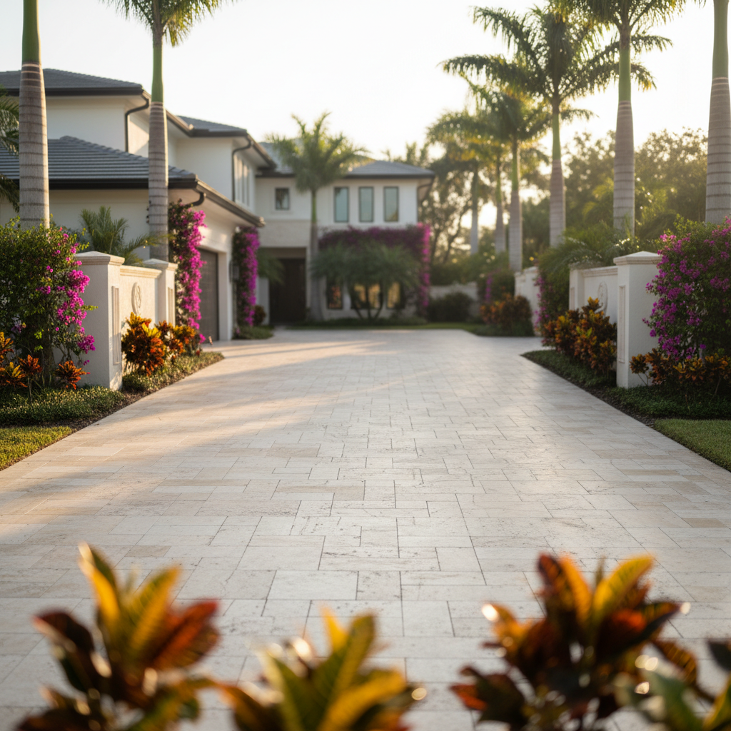 A freshly sealed luxury travertine paver driveway in Punta Gorda, FL.