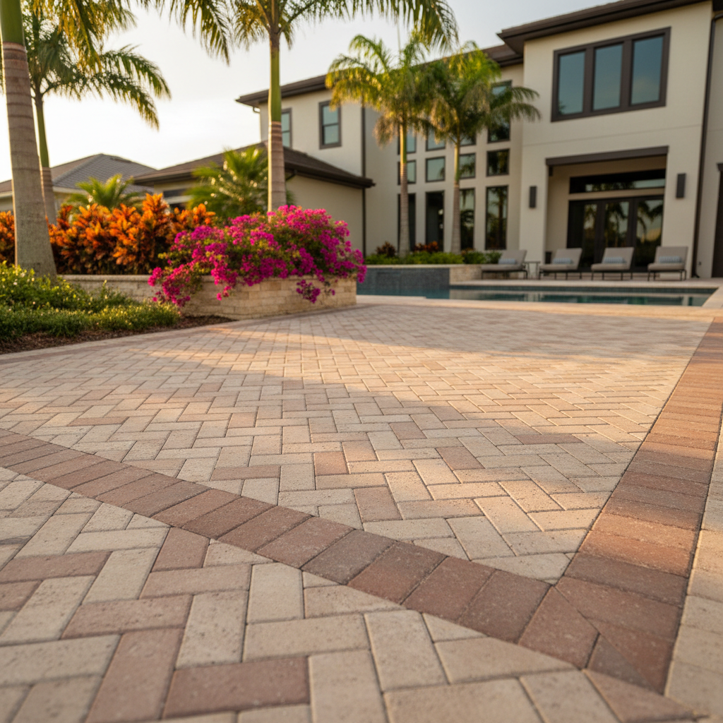 A clean, freshly sealed paver driveway in Punta Gorda, Florida, gleaming in the sun.