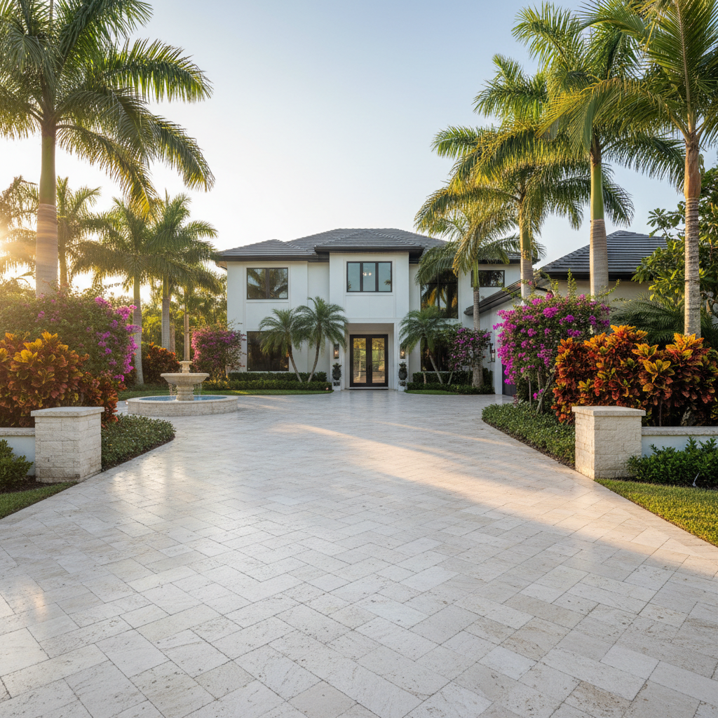 A freshly sealed travertine paver driveway on a luxury home in Bonita Springs, FL.