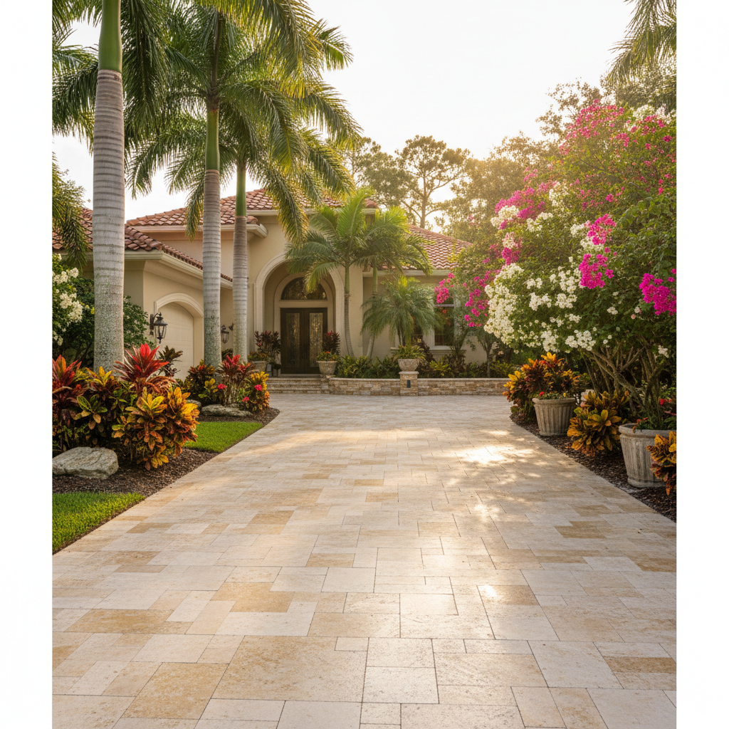 A flawlessly sealed luxury paver driveway in Estero, Florida, after a professional driveway sealing service.