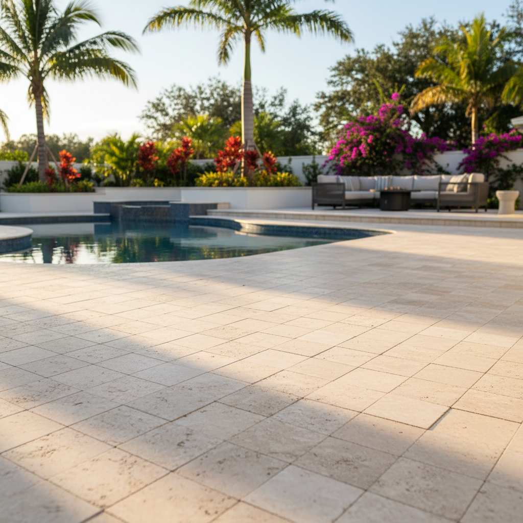 A professionally cleaned travertine pool deck in Fort Myers, FL.