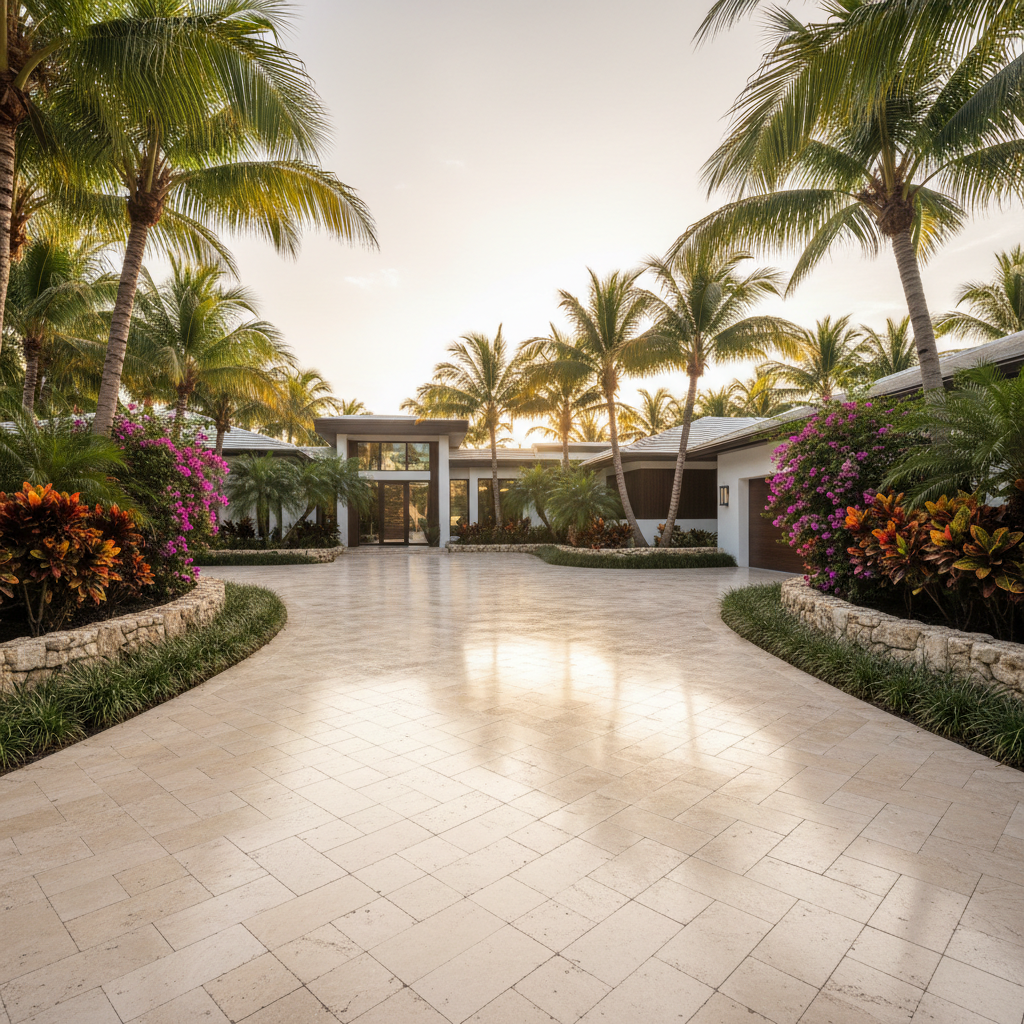A professionally sealed travertine driveway in a luxury Fort Myers, FL home, showcasing the benefits of paver sealing.