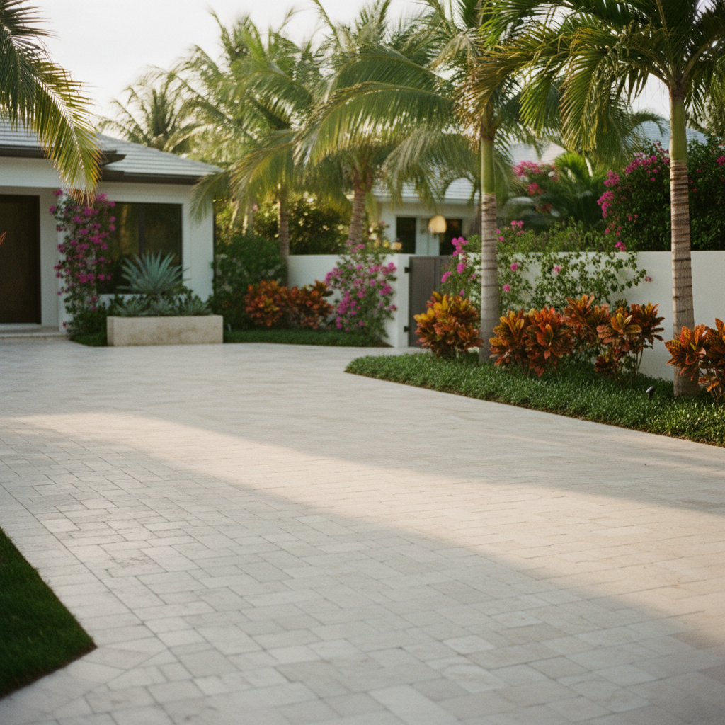 Meticulously sealed travertine paver driveway at a luxury home in Marco Island, FL, showcasing the results of our professional driveway sealing service.