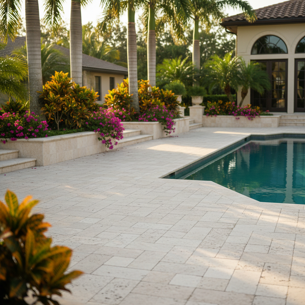 A freshly cleaned travertine paver pool deck in a luxury Bonita Springs home, showcasing professional paver cleaning results.