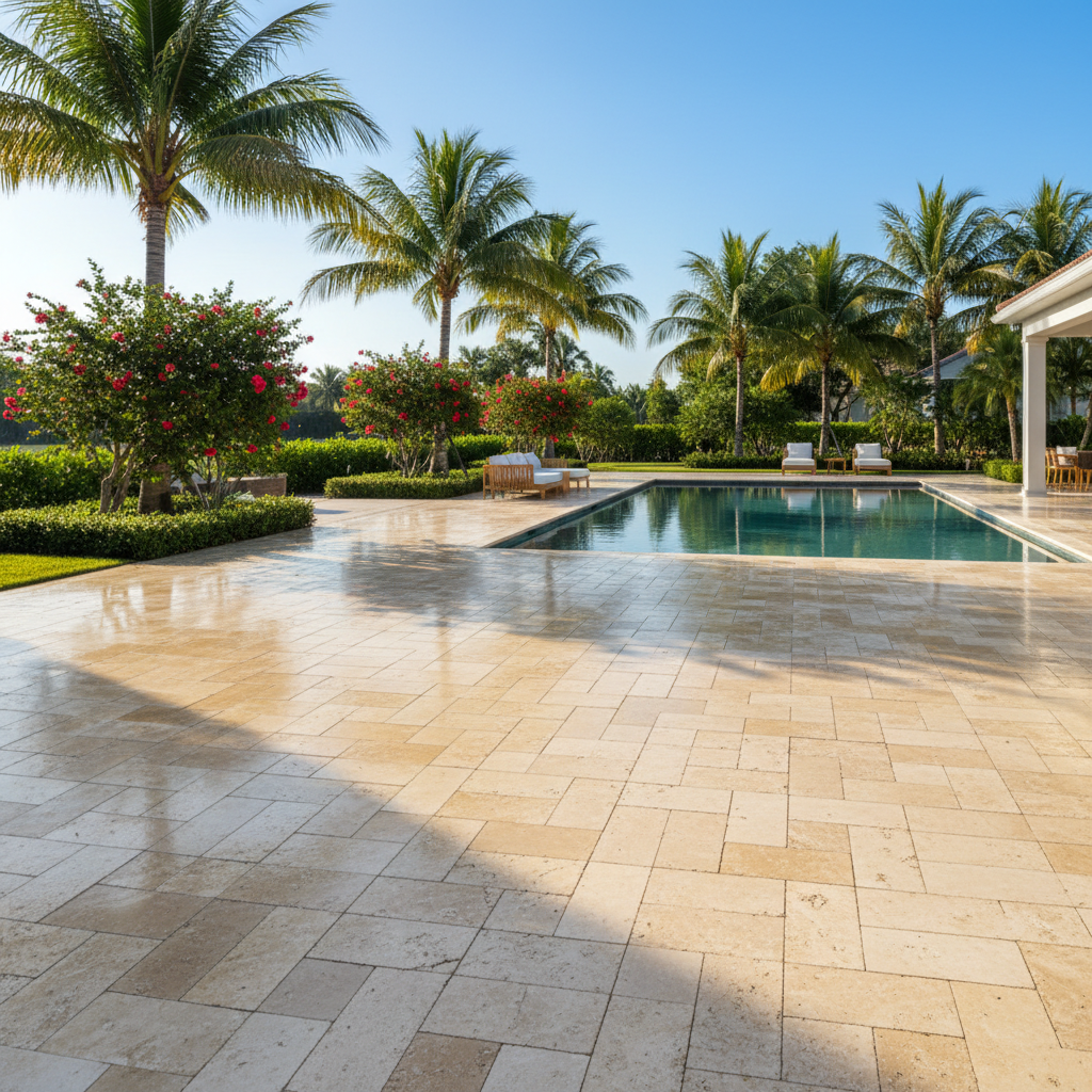 A meticulously restored travertine paver pool deck after a professional paver restoration service in Fort Myers, Florida.