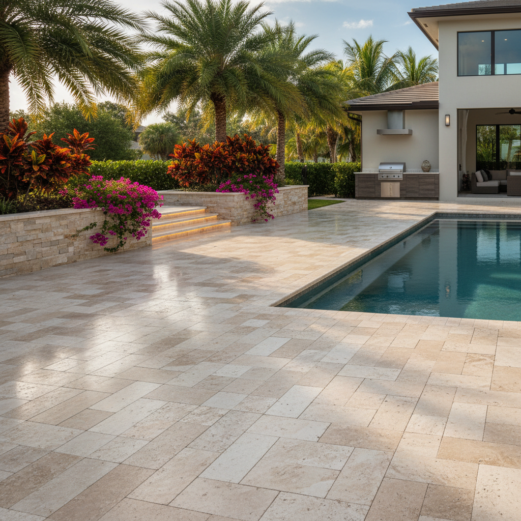 A professionally sealed travertine paver pool deck in Lehigh Acres, FL, showcasing a clean, protected surface.