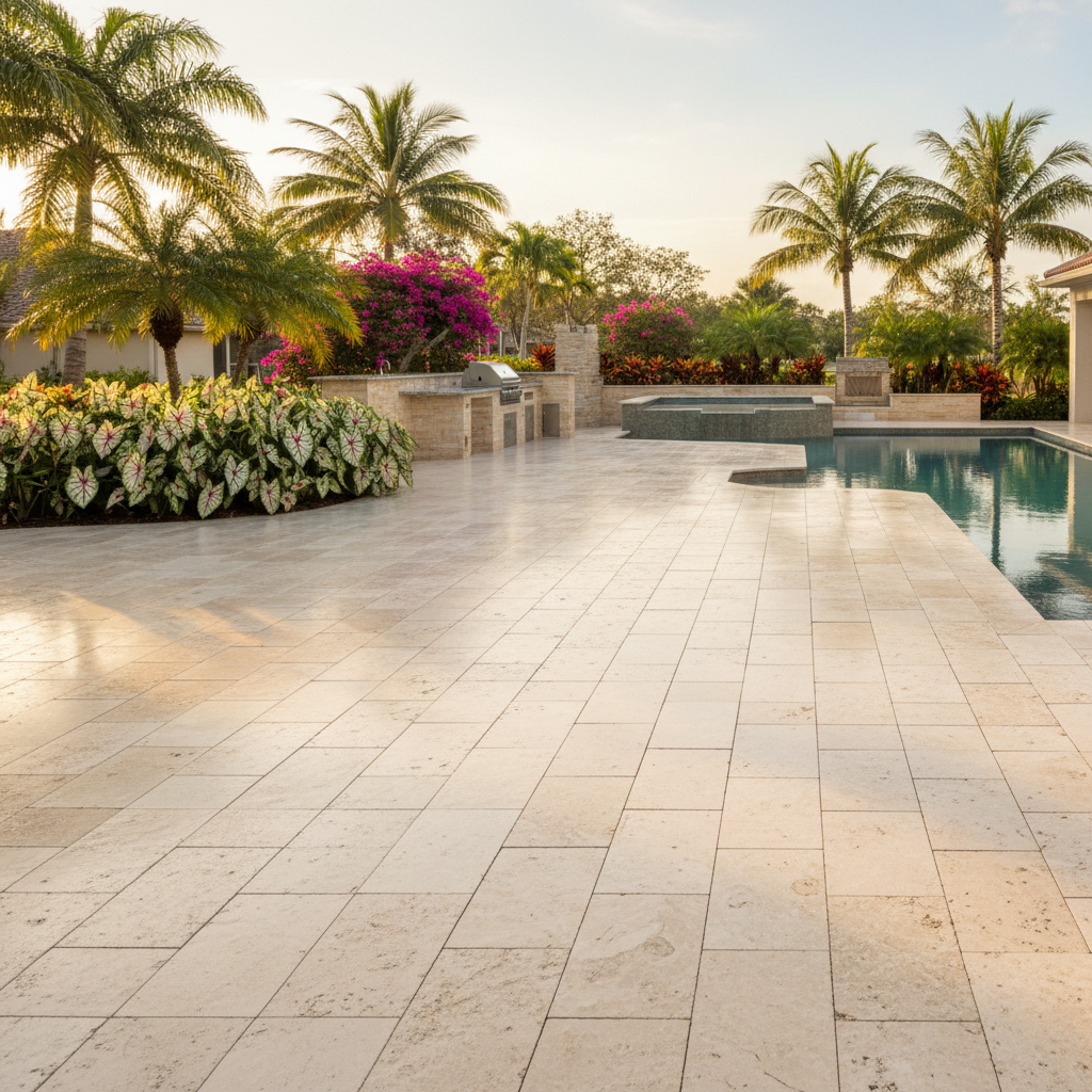 A freshly cleaned travertine paver pool deck in an Estero, FL home, showcasing the results of professional paver cleaning.