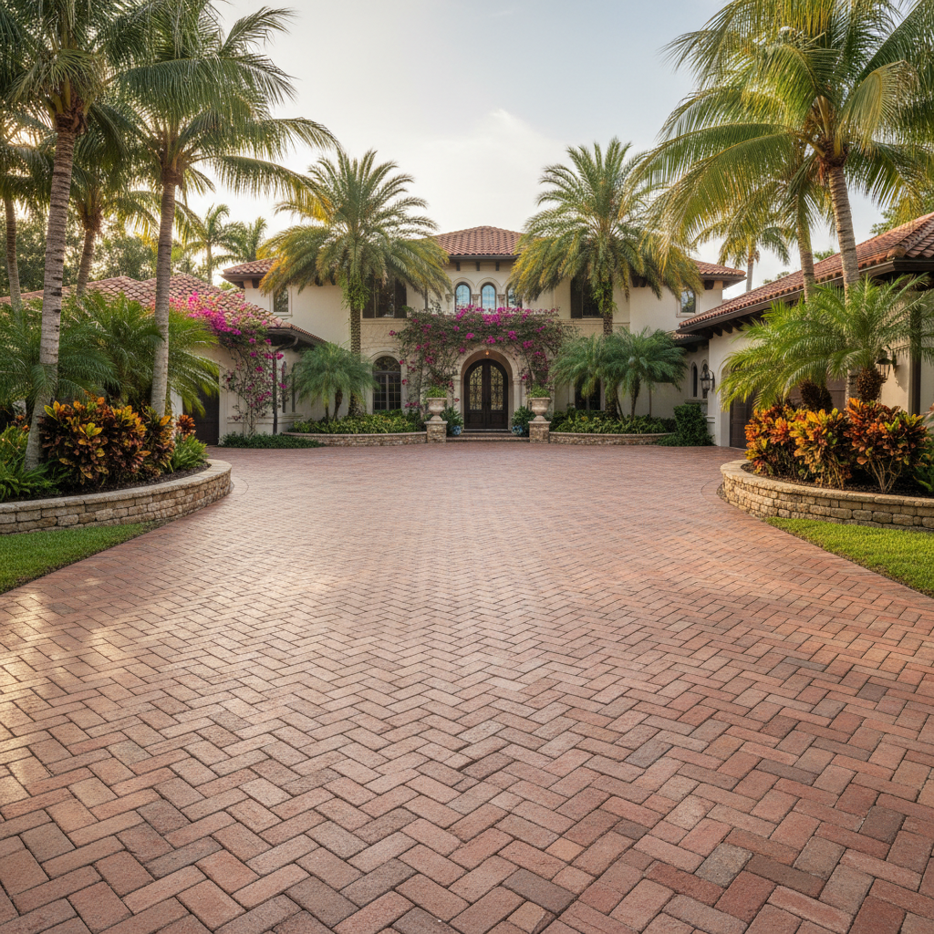 Newly cleaned brick paver driveway for a luxury home after a professional paver cleaning service in Punta Gorda, FL.