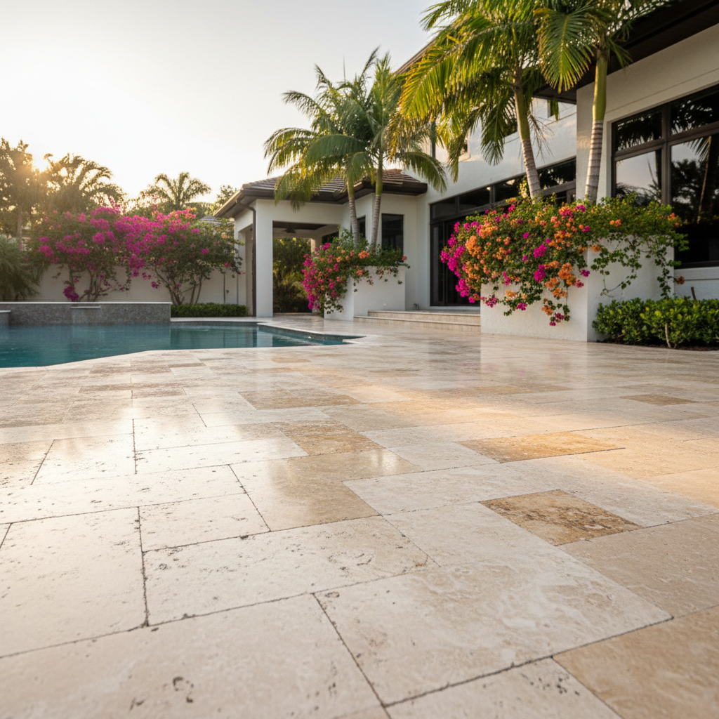 A newly sealed travertine pool deck in a luxury Estero, FL home, showcasing the benefits of professional paver sealing.