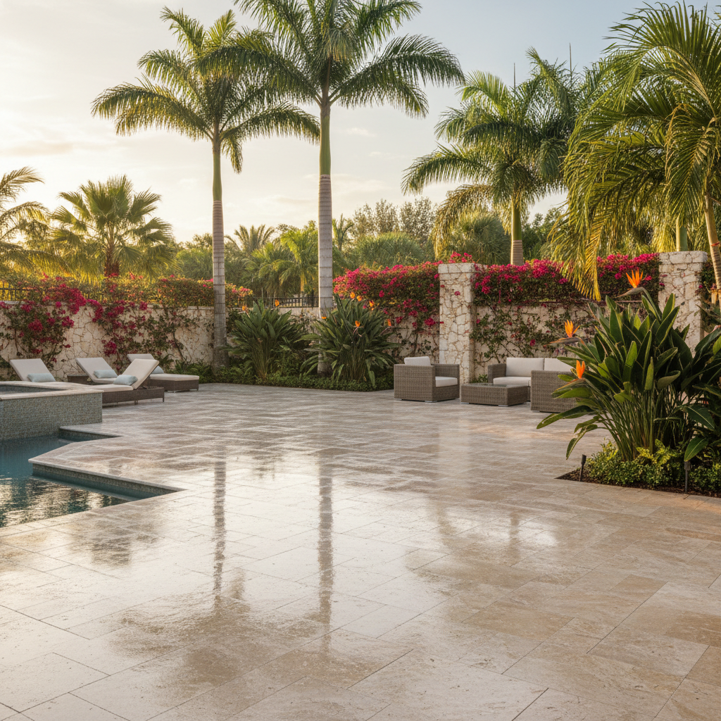 A newly sealed travertine paver pool deck after a professional paver sealing service in Fort Myers, FL.