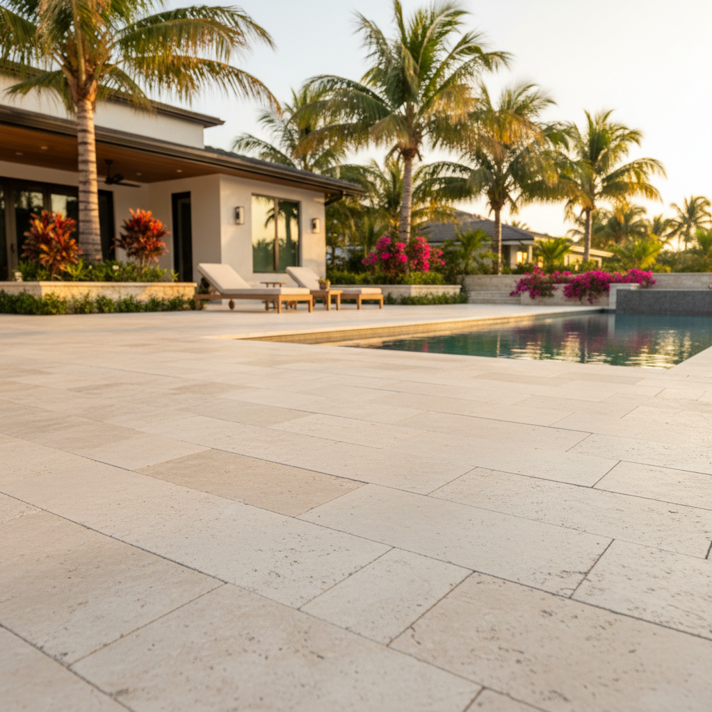 A pristine travertine pool deck at a luxury Cape Coral home after receiving professional travertine sealing.