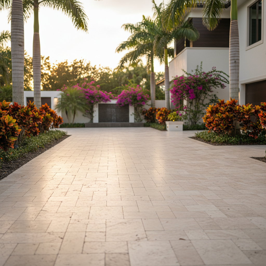 A pristine, newly sealed travertine paver driveway in a Fort Myers, FL residence, showcasing the benefits of professional driveway sealing.