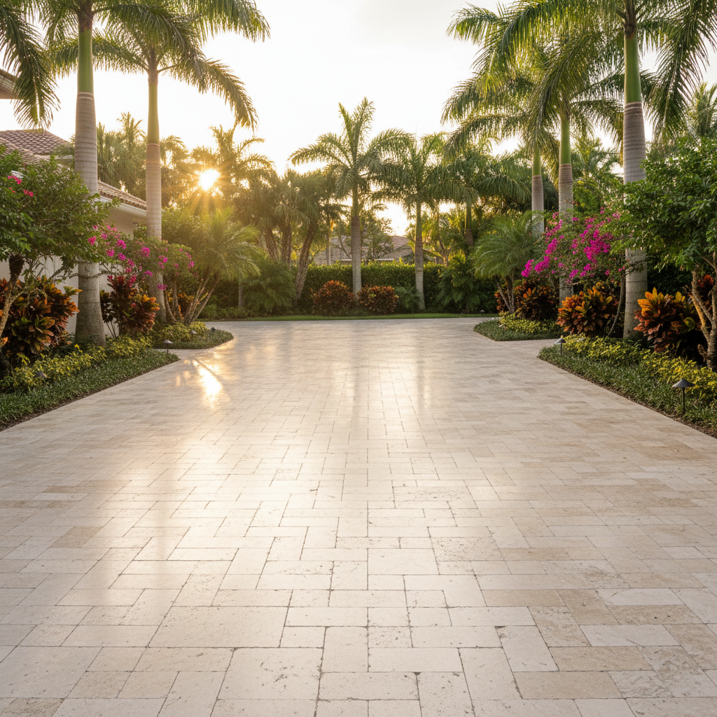 A newly sealed travertine driveway with a wet-look finish, showcasing professional driveway sealing in Naples, FL.