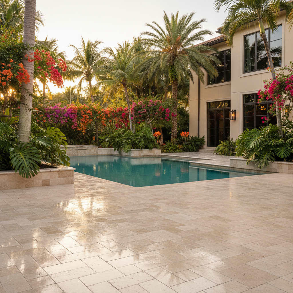 Pristine sealed travertine pool deck at a luxury home in Naples, FL.