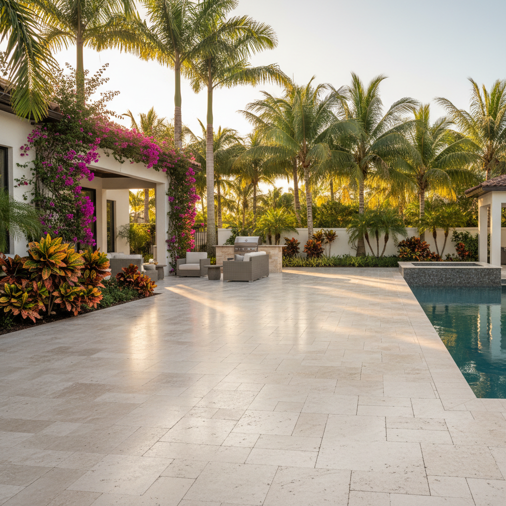 A newly sealed luxury travertine pool deck in Naples, Florida after a professional paver sealing service.