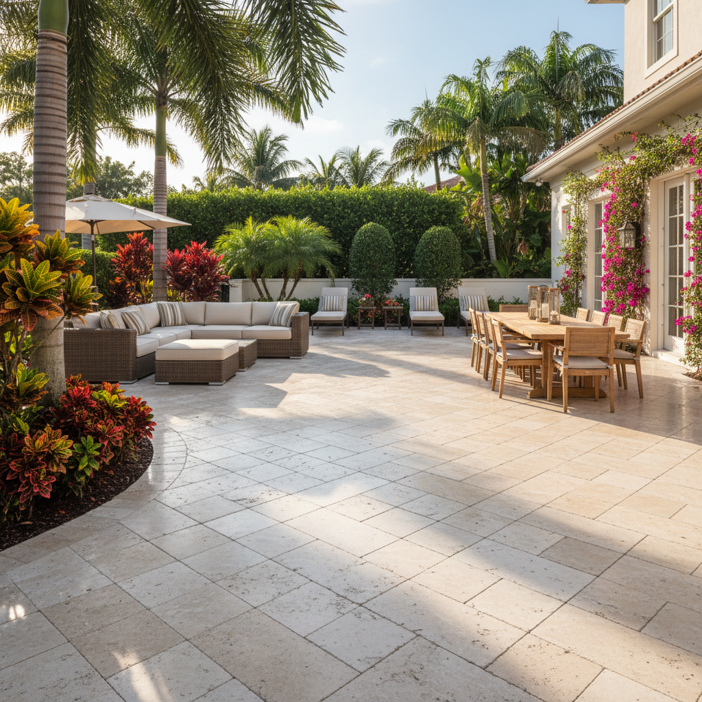 A restored travertine paver patio in Bonita Springs, FL, after professional restoration services.