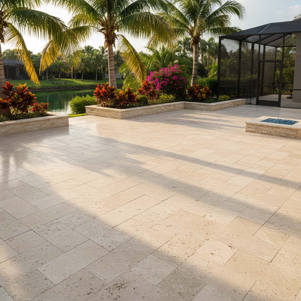 Impeccably restored travertine patio pavers in a luxury waterfront home in Bonita Springs, FL.