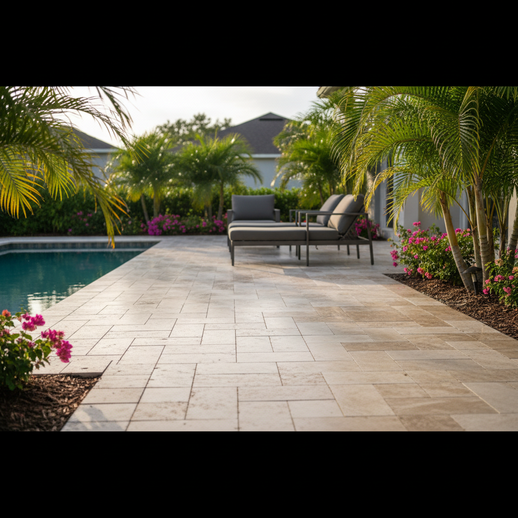 A restored travertine patio paver surface at a luxury home in Cape Coral, FL.
