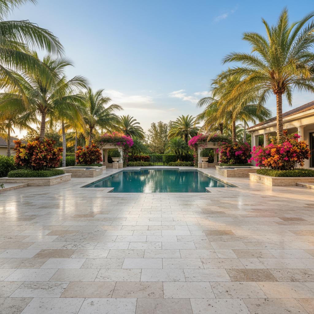 A restored travertine patio in an Estero, Florida home, showcasing the results of professional paver restoration.