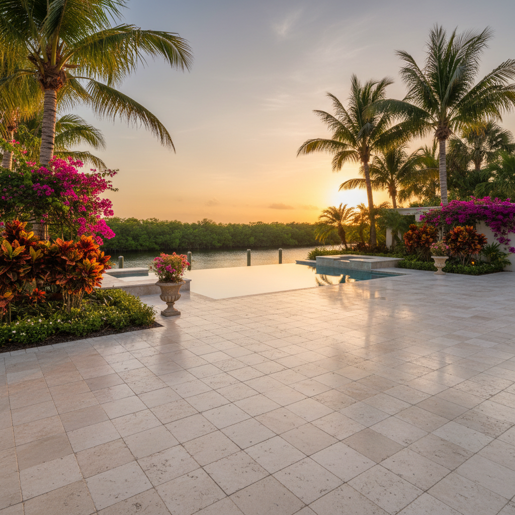 Restored travertine paver patio at a luxury home in Fort Myers, highlighting professional patio paver restoration services.