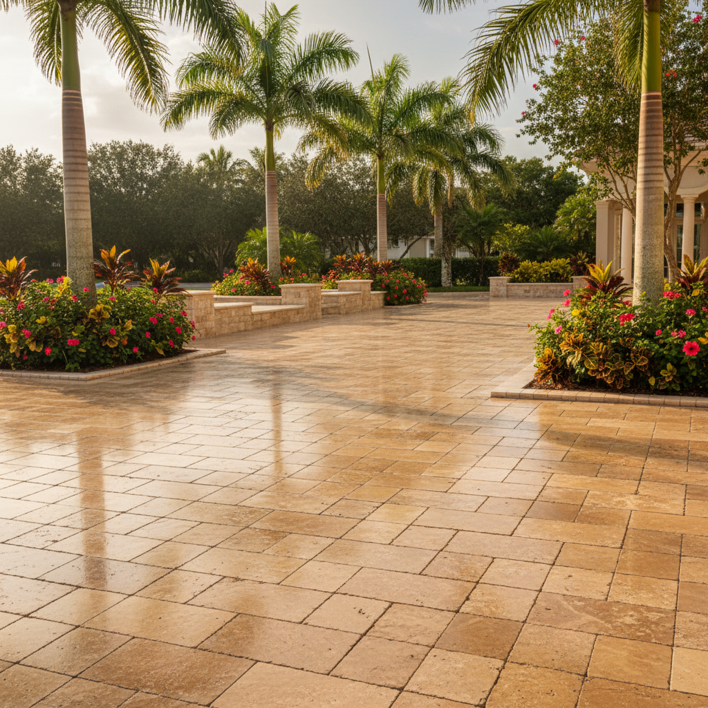 A pristine, newly restored travertine patio in a Fort Myers, FL, home.