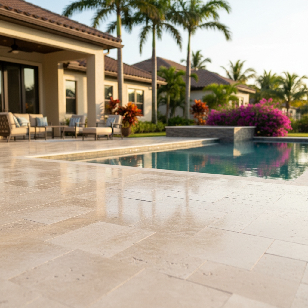 Meticulously restored travertine patio pavers in a luxury Estero, FL home after professional restoration.