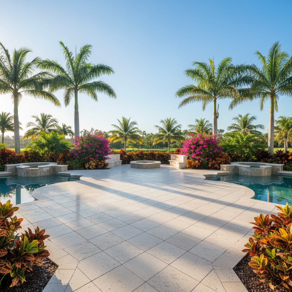 A pristine, professionally restored travertine patio in a luxury Estero, Florida home.