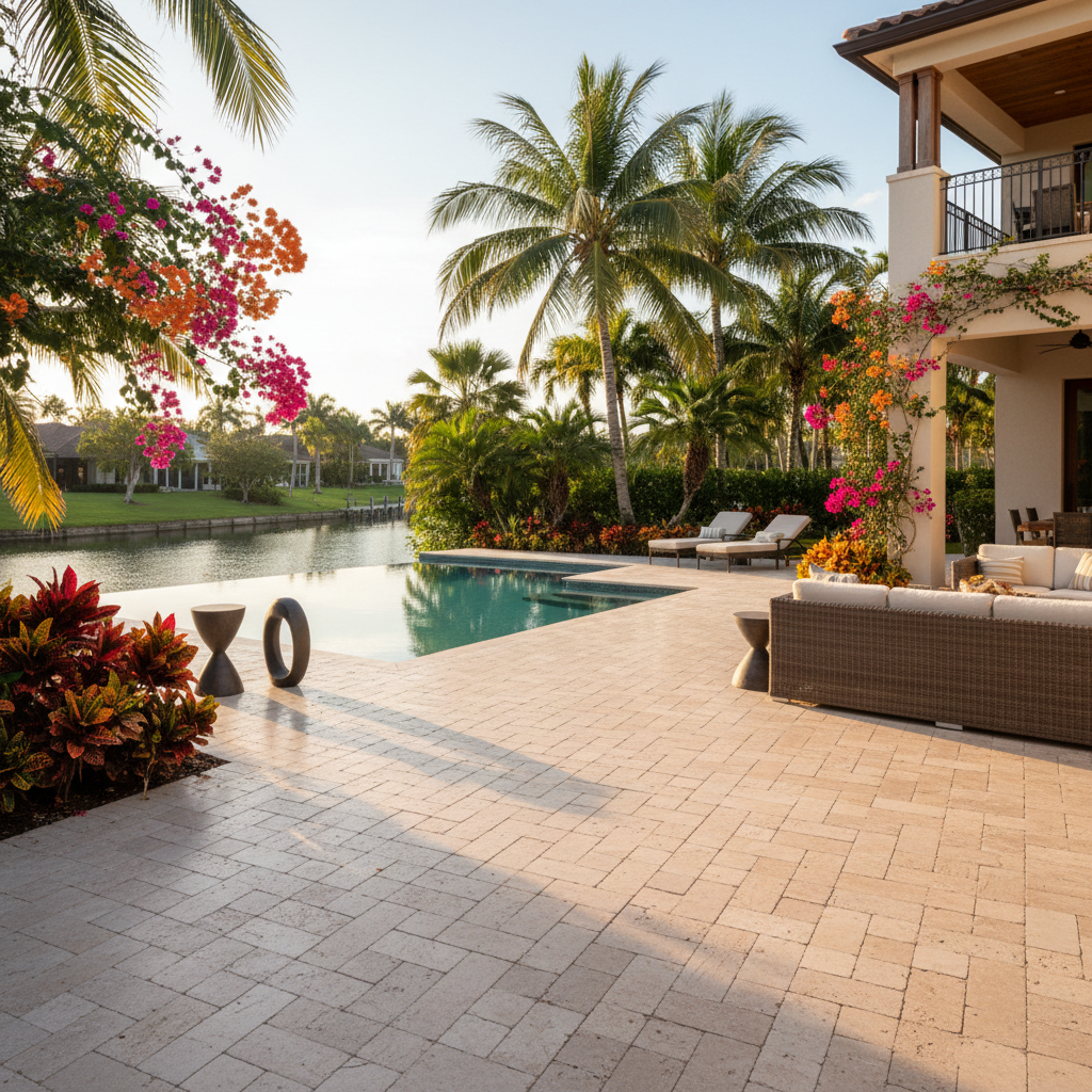A meticulously restored travertine paver patio in a luxury Fort Myers home, showcasing the results of professional patio paver restoration.