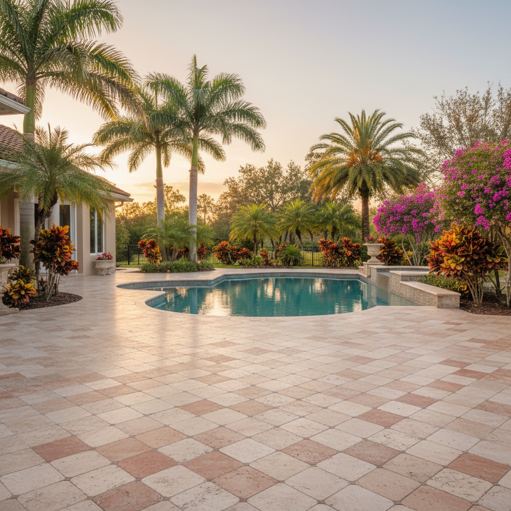 Restored paver patio in a luxury Lehigh Acres home after professional paver restoration.